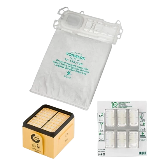 Set Risparmio Ricambi per Folletto VK135/136 Super Filtrello Sacchetti + Dovina + Filtro Hepa